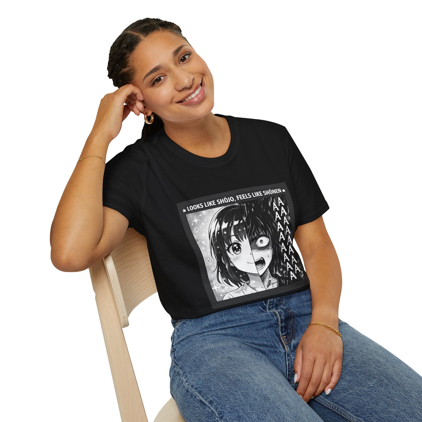 "Looks Like Shōjo, Feels Like Shōnen" Tee — Split-Face Manga Panic Graphic (Unisex Softstyle)