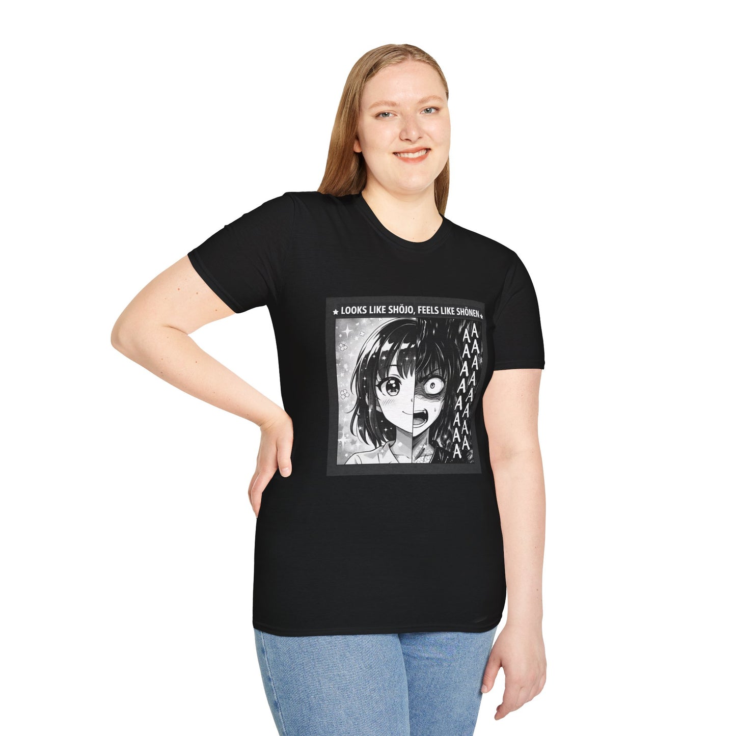 "Looks Like Shōjo, Feels Like Shōnen" Tee — Split-Face Manga Panic Graphic (Unisex Softstyle)