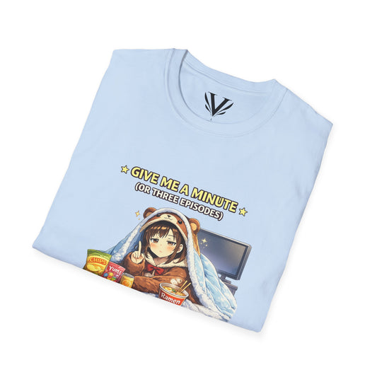 "Give Me a Minute Tee" — Cozy Anime “Three Episodes” Graphic (Unisex Softstyle)