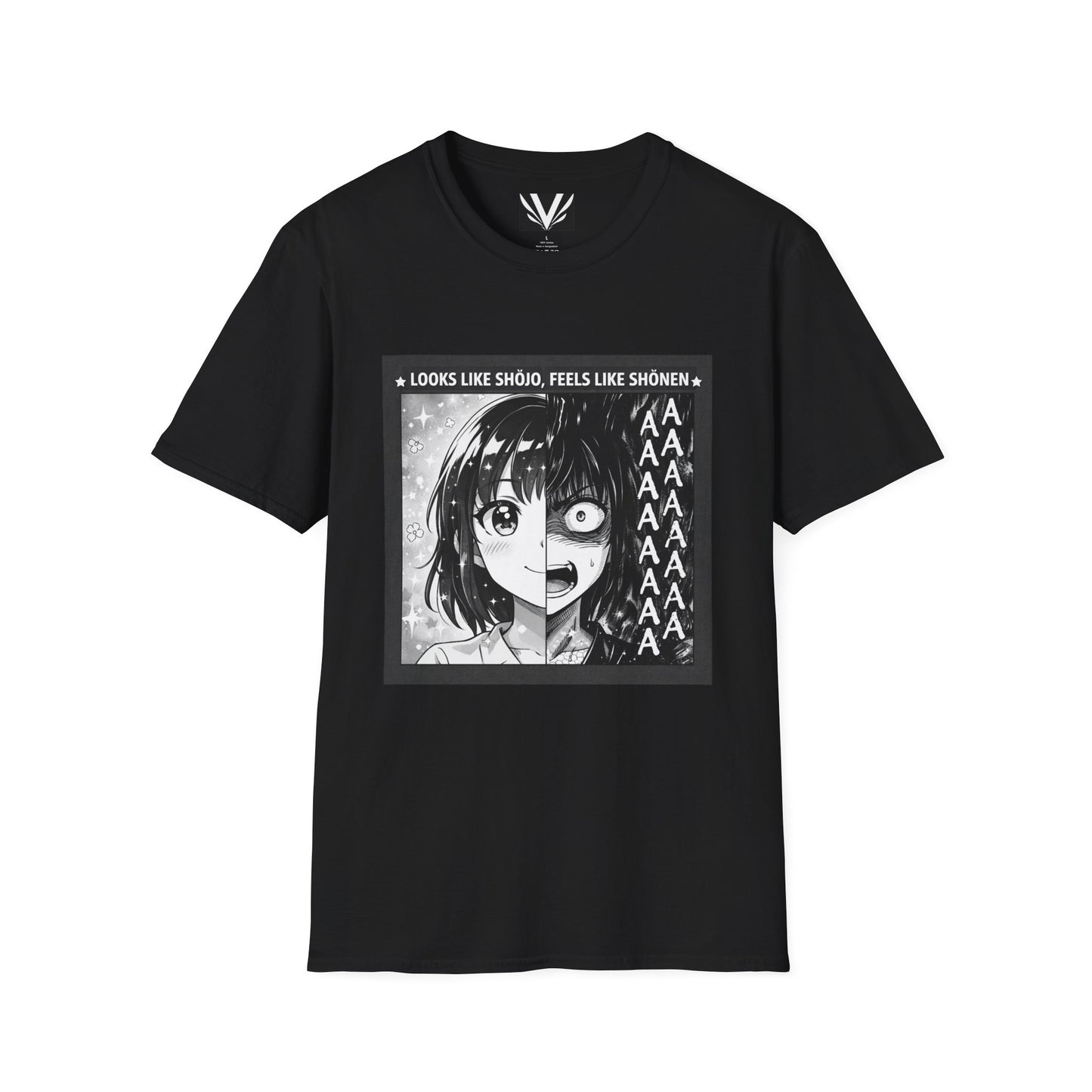 "Looks Like Shōjo, Feels Like Shōnen" Tee — Split-Face Manga Panic Graphic (Unisex Softstyle)