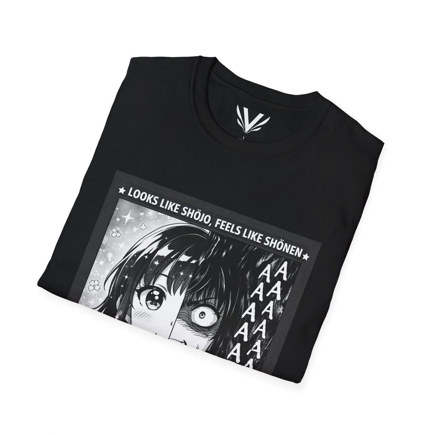 "Looks Like Shōjo, Feels Like Shōnen" Tee — Split-Face Manga Panic Graphic (Unisex Softstyle)