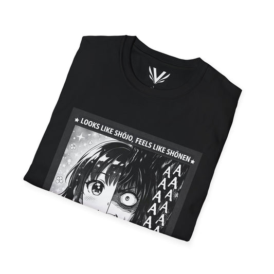 "Looks Like Shōjo, Feels Like Shōnen" Tee — Split-Face Manga Panic Graphic (Unisex Softstyle)
