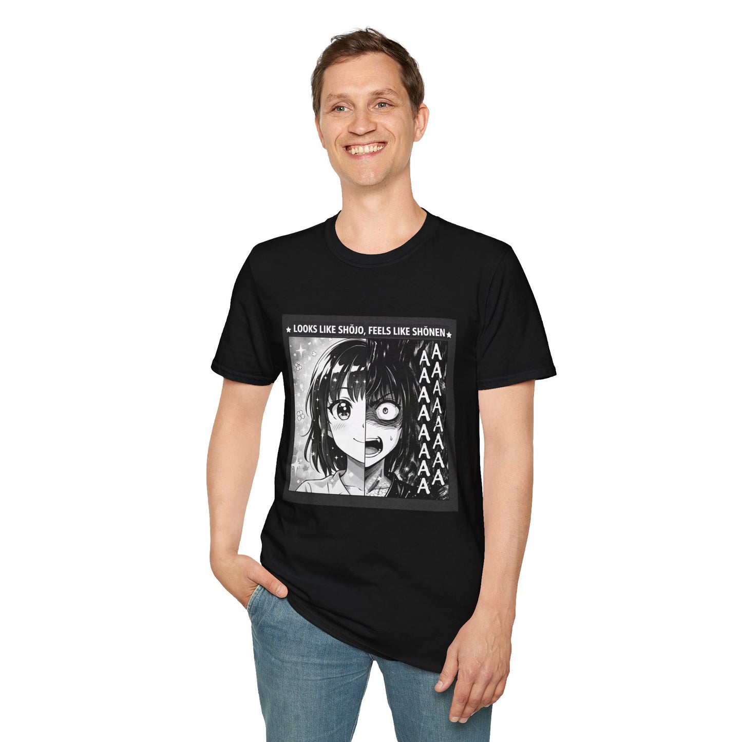 "Looks Like Shōjo, Feels Like Shōnen" Tee — Split-Face Manga Panic Graphic (Unisex Softstyle)