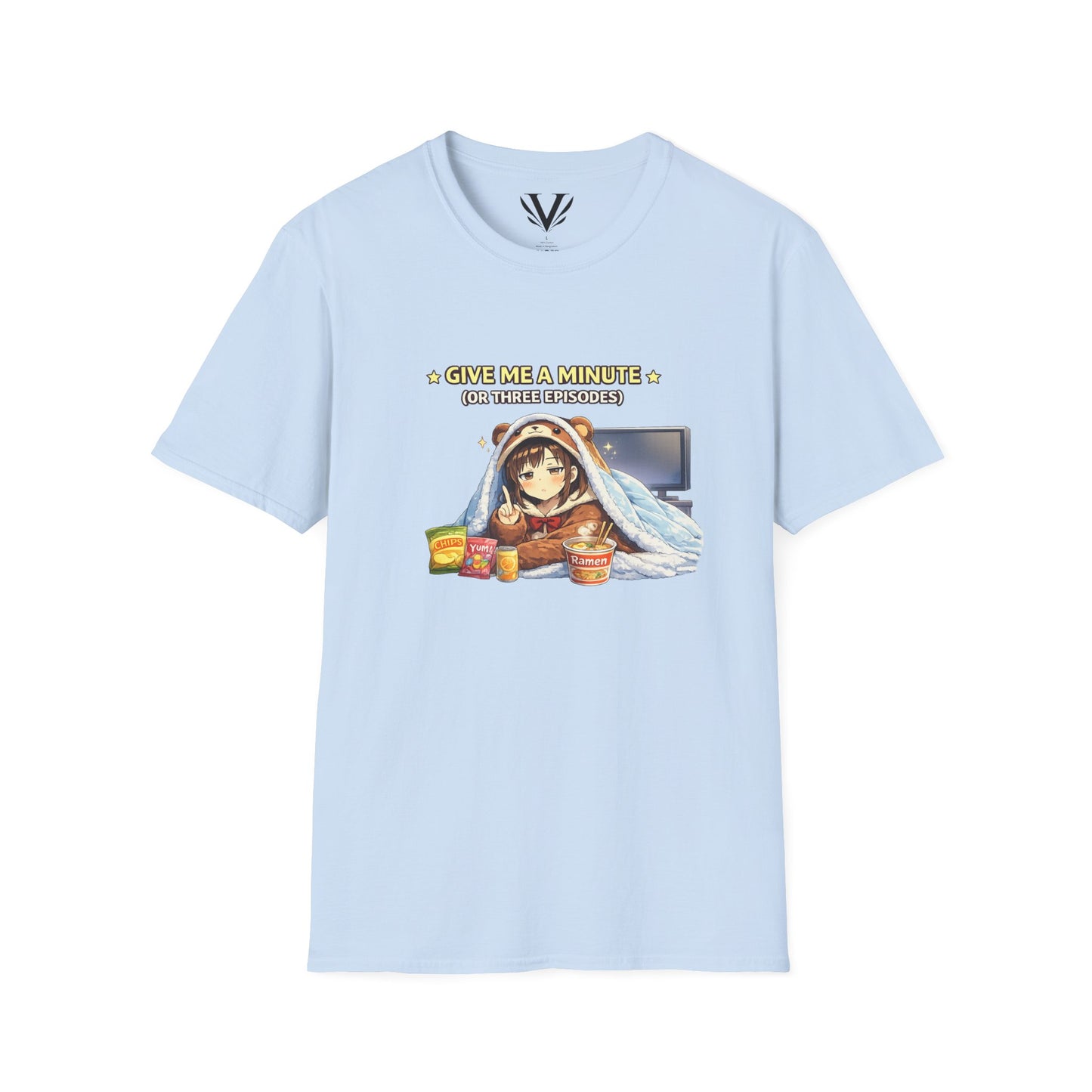 "Give Me a Minute Tee" — Cozy Anime “Three Episodes” Graphic (Unisex Softstyle)